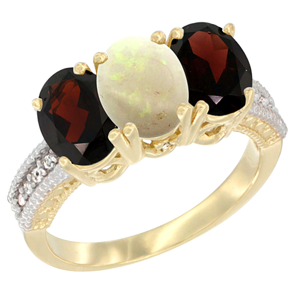 14K Yellow Gold Natural Opal &amp; Garnet Sides Ring 3-Stone 7x5 mm Oval Diamond Accent, sizes 5 - 10