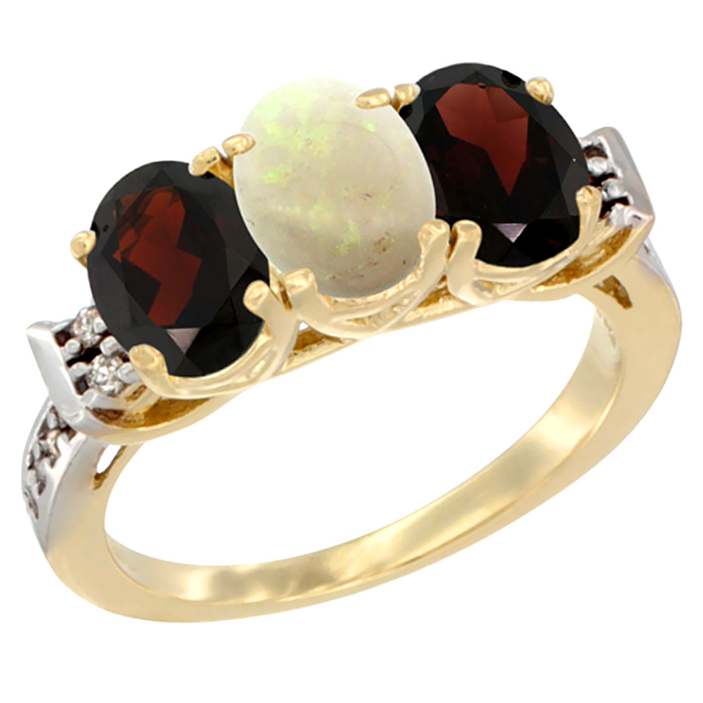 14K Yellow Gold Natural Opal & Garnet Sides Ring 3-Stone 7x5 mm Oval Diamond Accent, sizes 5 - 10