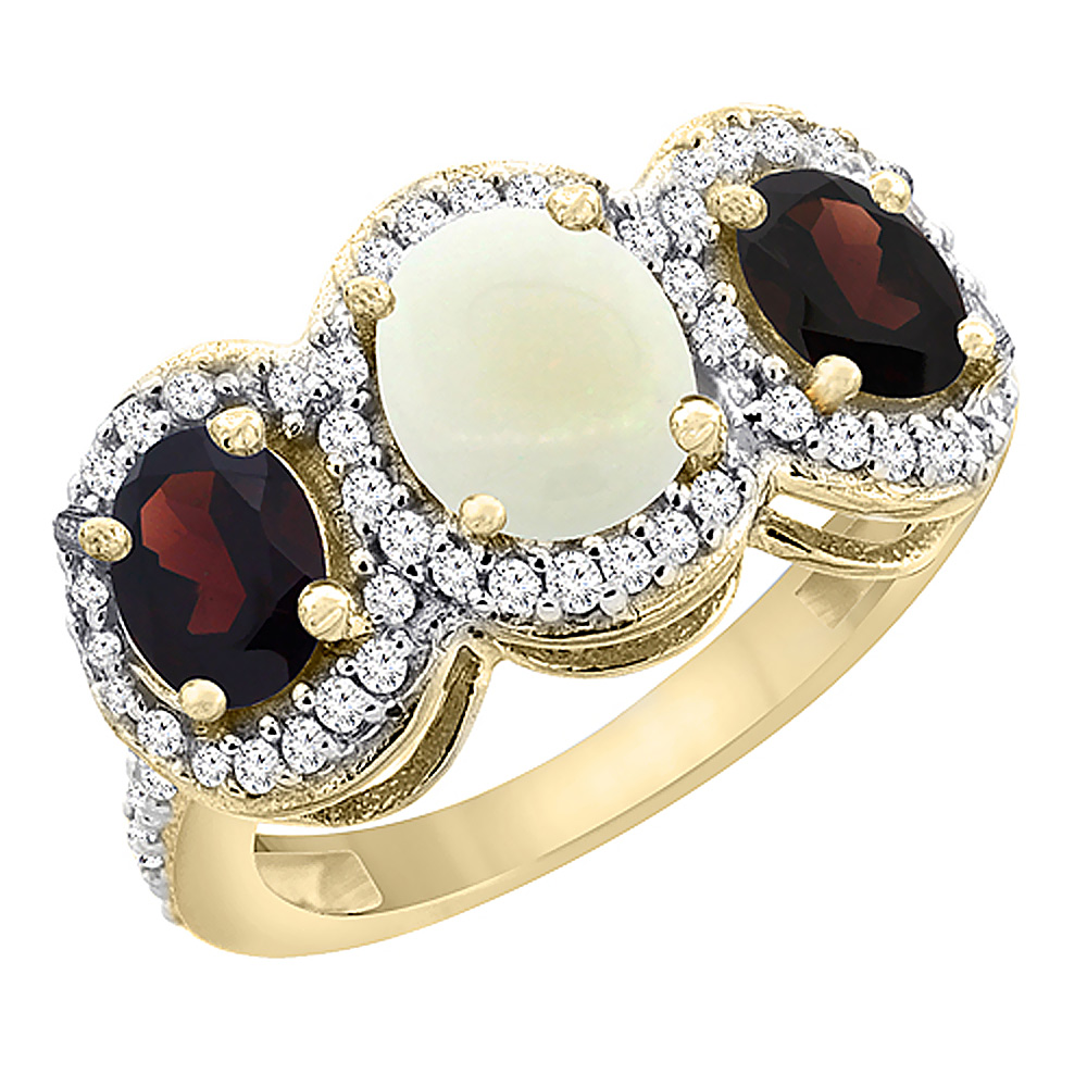 10K Yellow Gold Natural Opal & Garnet 3-Stone Ring Oval Diamond Accent, sizes 5 - 10