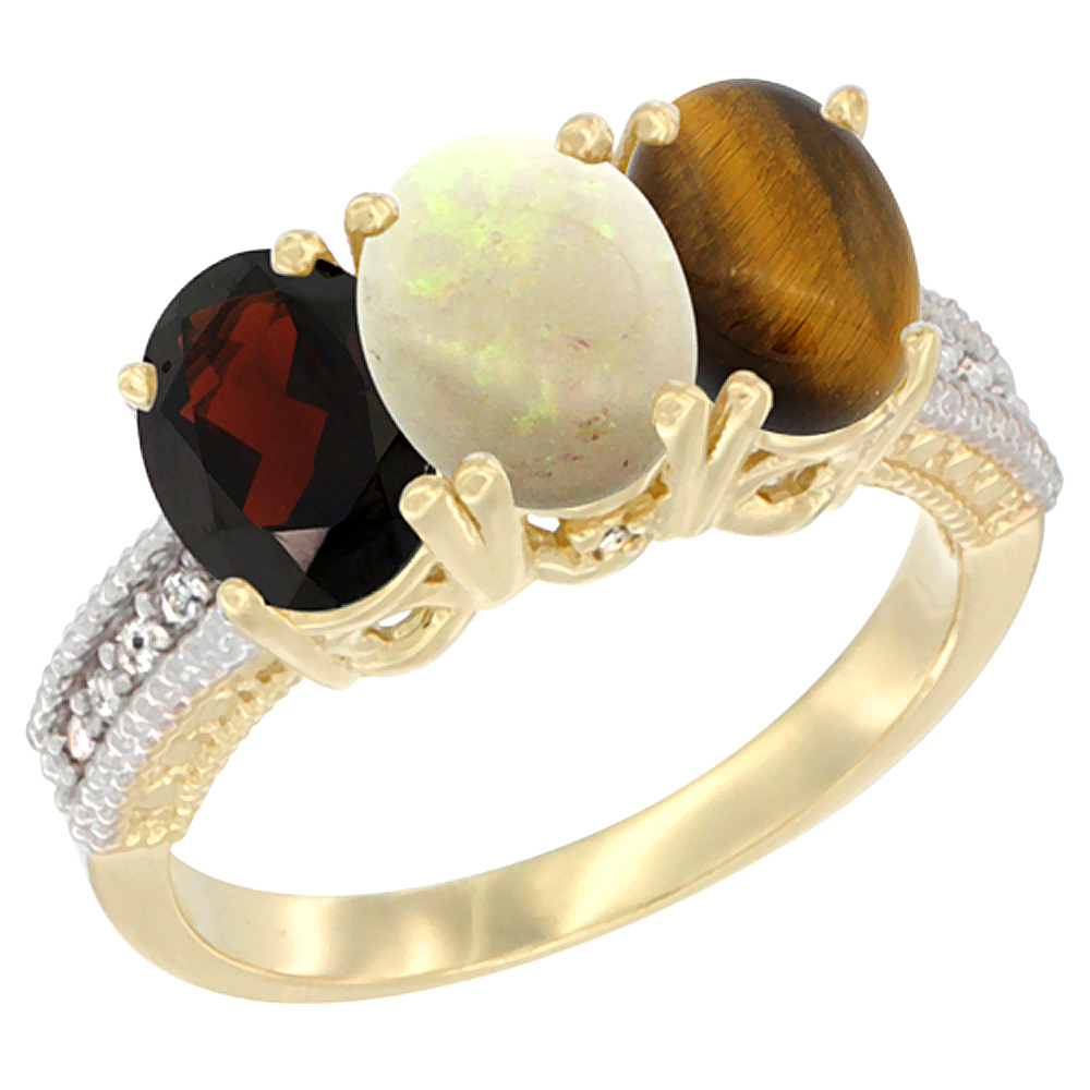 14K Yellow Gold Natural Garnet, Opal & Tiger Eye Ring 3-Stone 7x5 mm Oval Diamond Accent, sizes 5 - 10