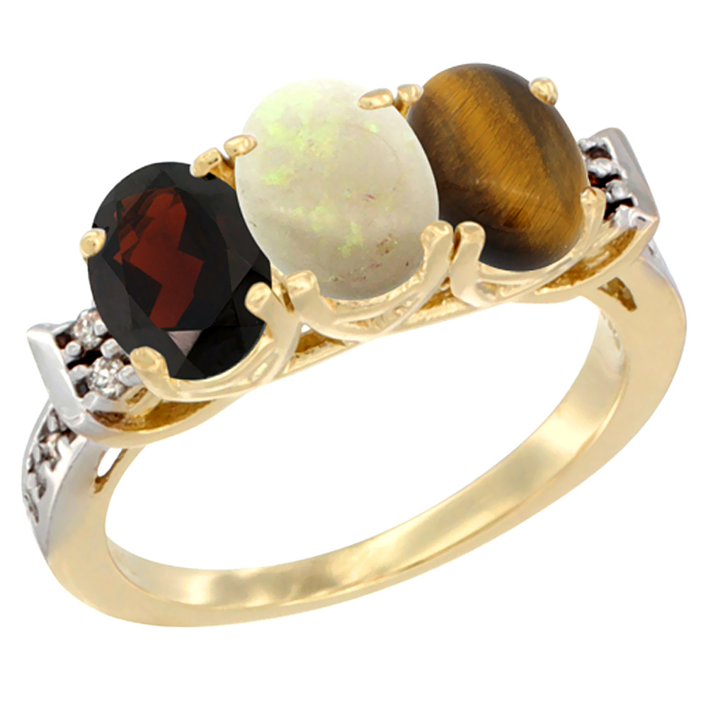 14K Yellow Gold Natural Garnet, Opal &amp; Tiger Eye Ring 3-Stone 7x5 mm Oval Diamond Accent, sizes 5 - 10