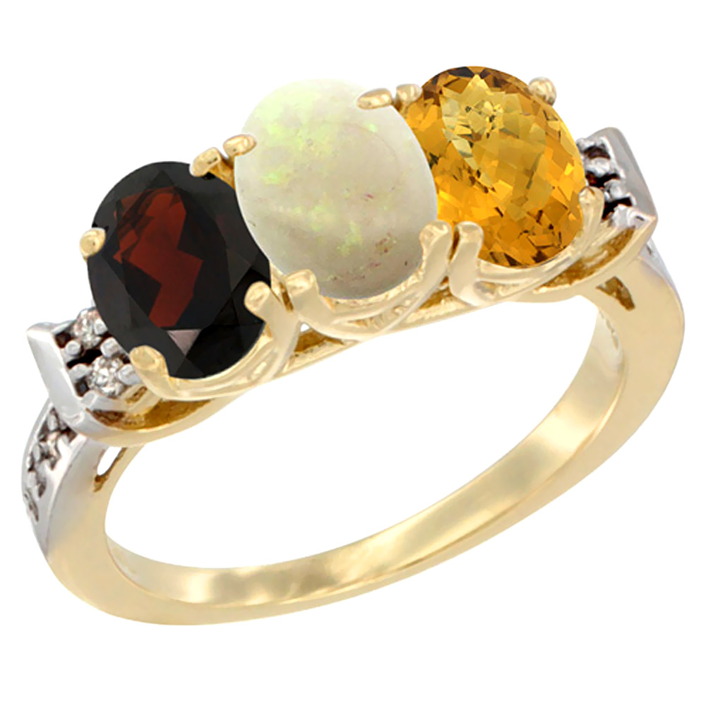 10K Yellow Gold Natural Garnet, Opal & Whisky Quartz Ring 3-Stone Oval 7x5 mm Diamond Accent, sizes 5 - 10