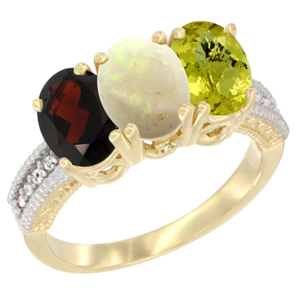 14K Yellow Gold Natural Garnet, Opal &amp; Lemon Quartz Ring 3-Stone 7x5 mm Oval Diamond Accent, sizes 5 - 10