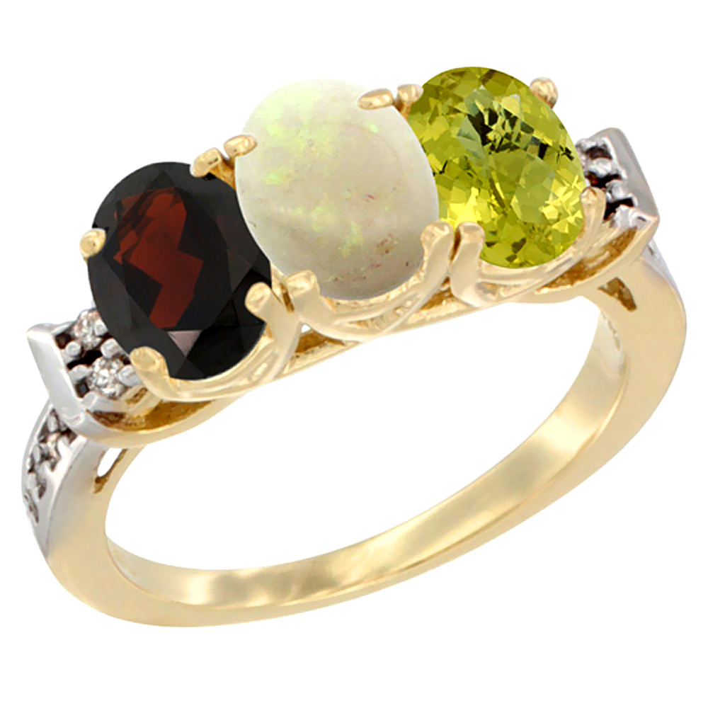 10K Yellow Gold Natural Garnet, Opal & Lemon Quartz Ring 3-Stone Oval 7x5 mm Diamond Accent, sizes 5 - 10