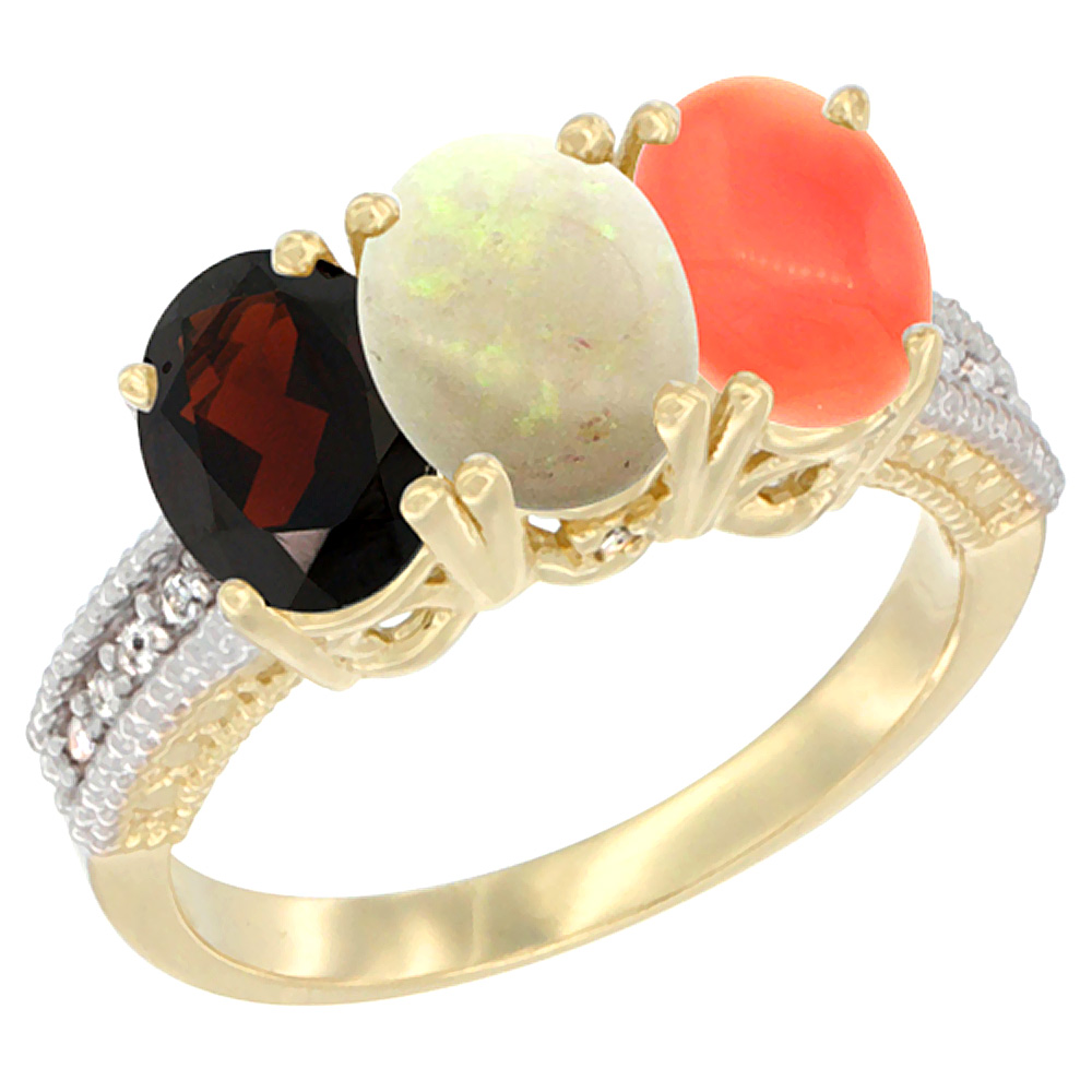 14K Yellow Gold Natural Garnet, Opal & Coral Ring 3-Stone 7x5 mm Oval Diamond Accent, sizes 5 - 10