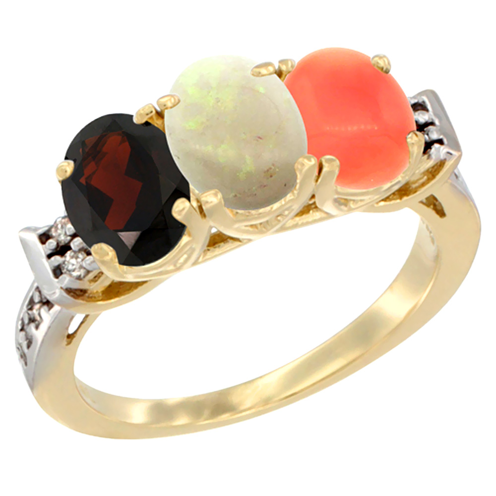 14K Yellow Gold Natural Garnet, Opal &amp; Coral Ring 3-Stone 7x5 mm Oval Diamond Accent, sizes 5 - 10