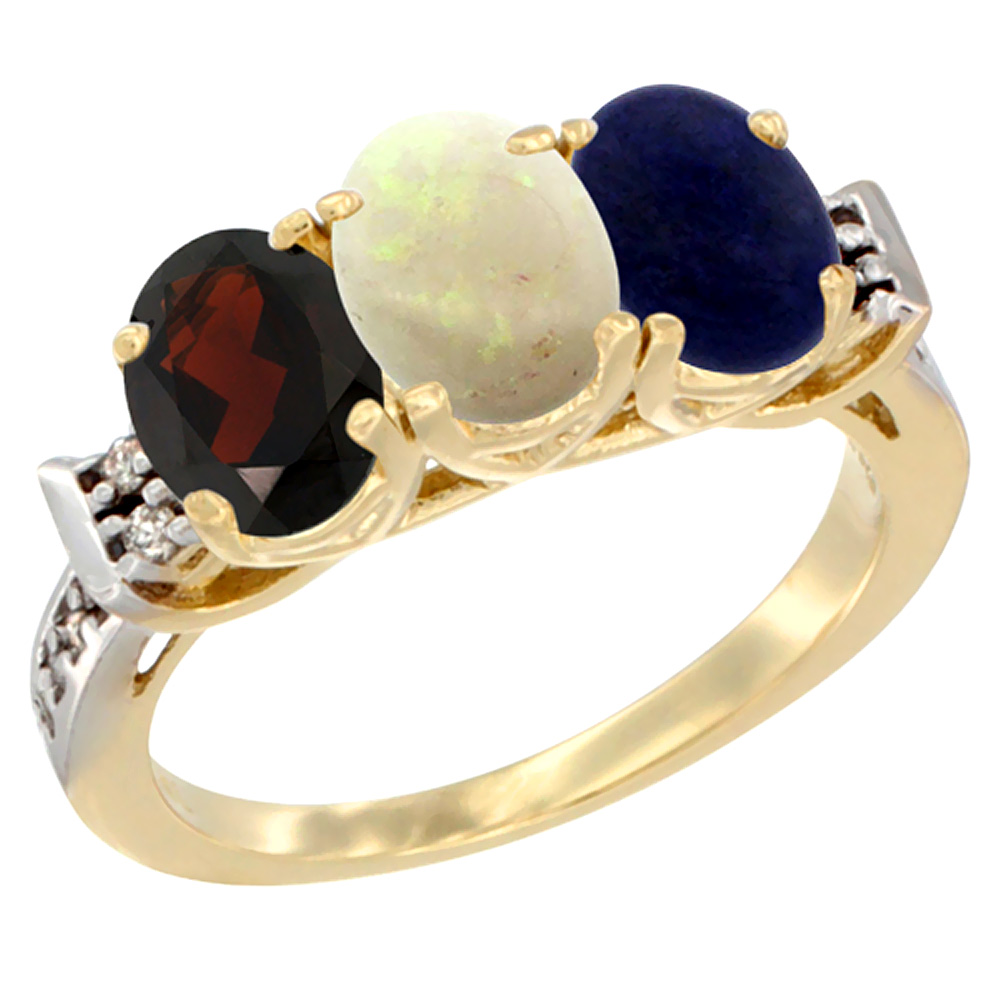 14K Yellow Gold Natural Garnet, Opal &amp; Lapis Ring 3-Stone 7x5 mm Oval Diamond Accent, sizes 5 - 10