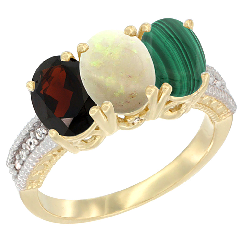 14K Yellow Gold Natural Garnet, Opal &amp; Malachite Ring 3-Stone 7x5 mm Oval Diamond Accent, sizes 5 - 10