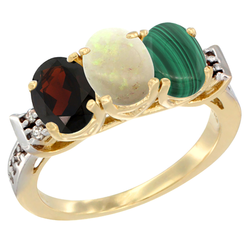 14K Yellow Gold Natural Garnet, Opal & Malachite Ring 3-Stone 7x5 mm Oval Diamond Accent, sizes 5 - 10