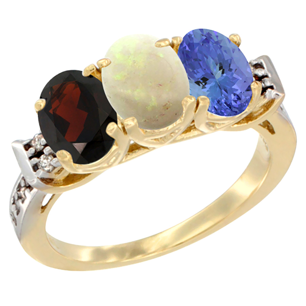 14K Yellow Gold Natural Garnet, Opal &amp; Tanzanite Ring 3-Stone 7x5 mm Oval Diamond Accent, sizes 5 - 10