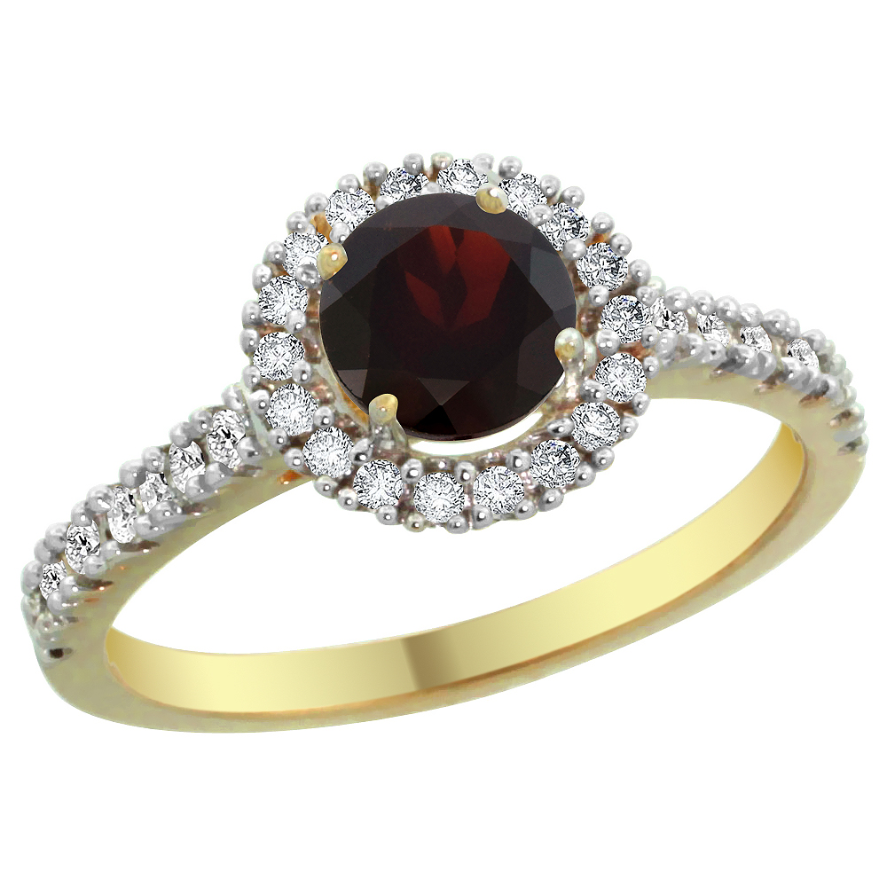 14K Yellow Gold Diamond Halo Natural Garnet Ring Round 6mm, sizes 5 - 10