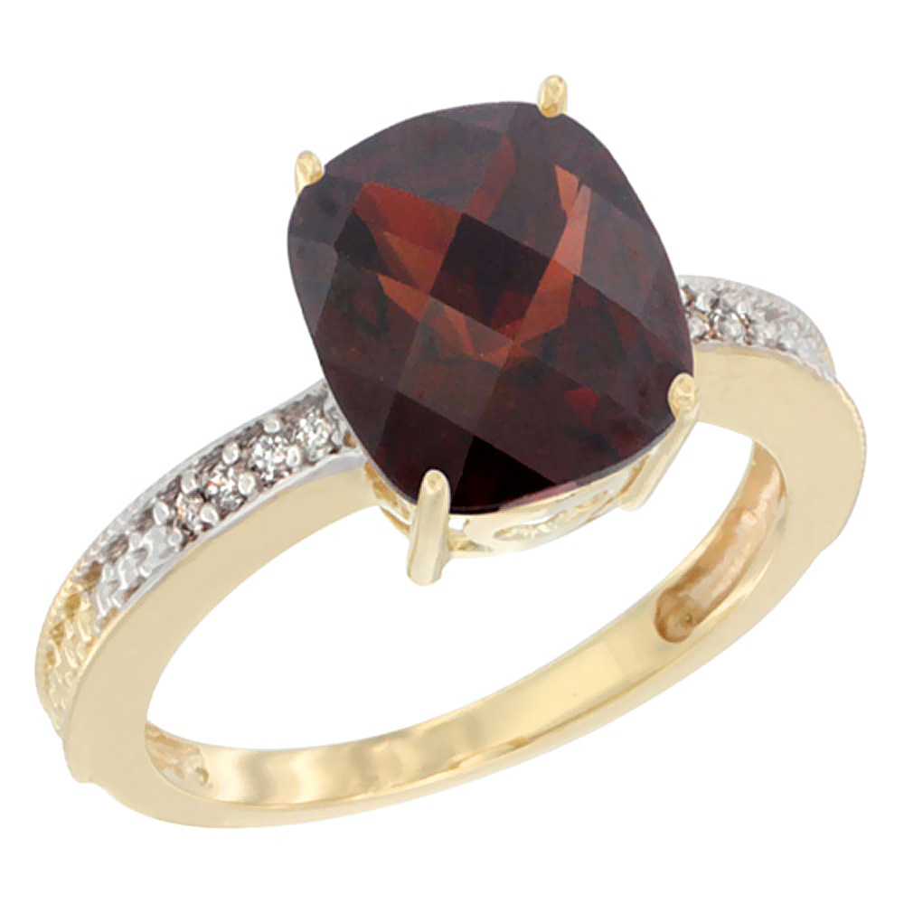 14K Yellow Gold Diamond Cushion 10x8 mm Natural Garnet Stone Ring, sizes 5 - 10