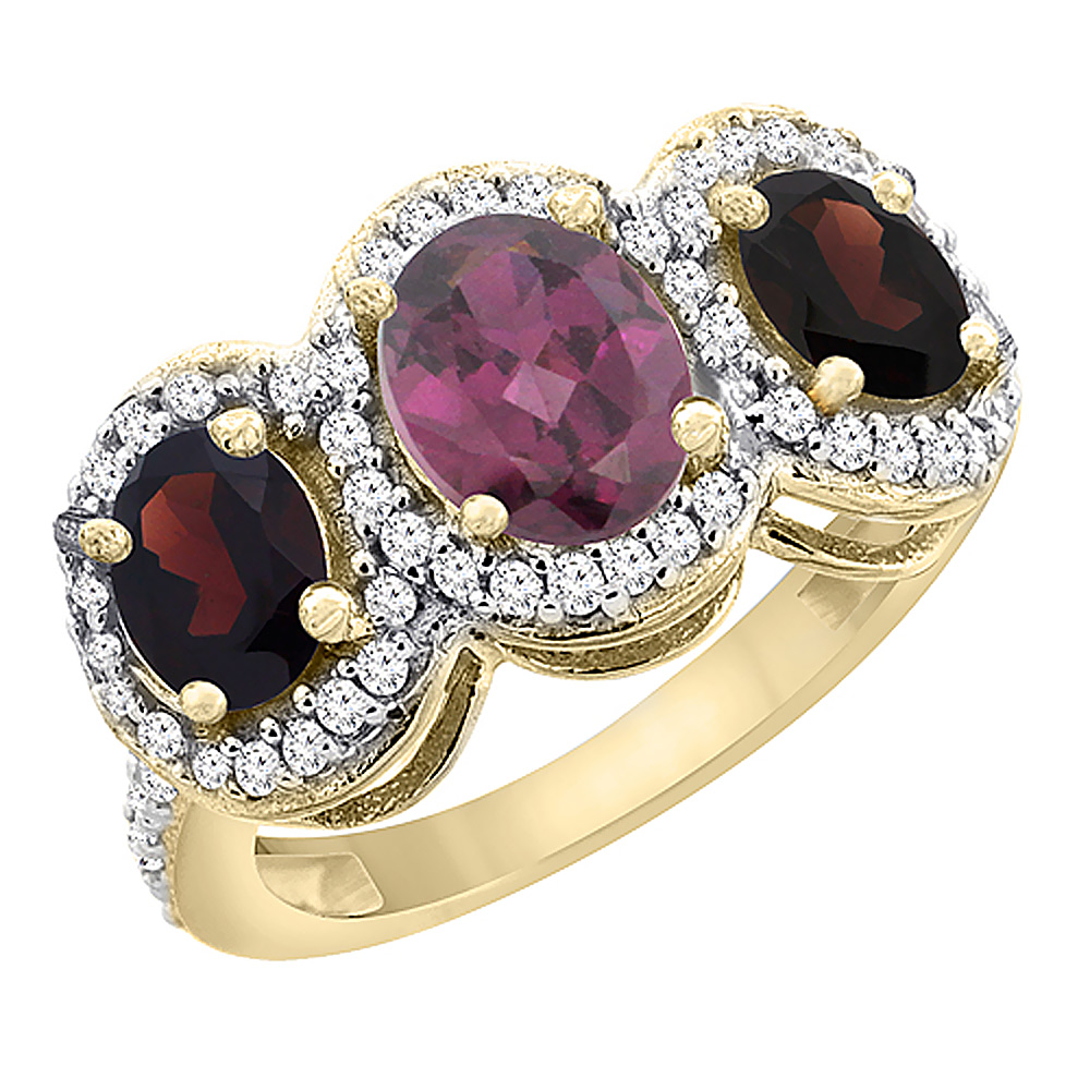 14K Yellow Gold Natural Rhodolite &amp; Garnet 3-Stone Ring Oval Diamond Accent, sizes 5 - 10