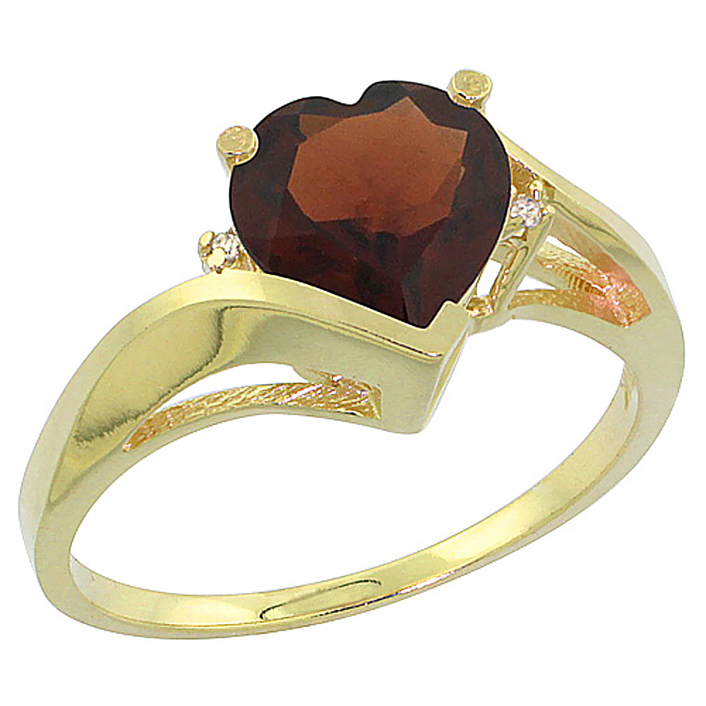 10K Yellow Gold Natural Garnet Heart Ring 7mm Diamond Accent, sizes 5 - 10