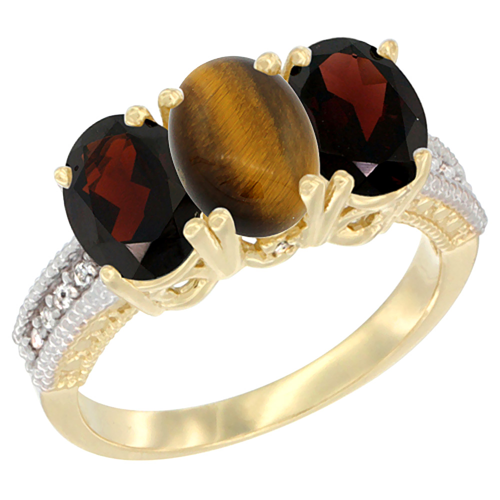 10K Yellow Gold Diamond Natural Tiger Eye & Garnet Ring 3-Stone 7x5 mm Oval, sizes 5 - 10