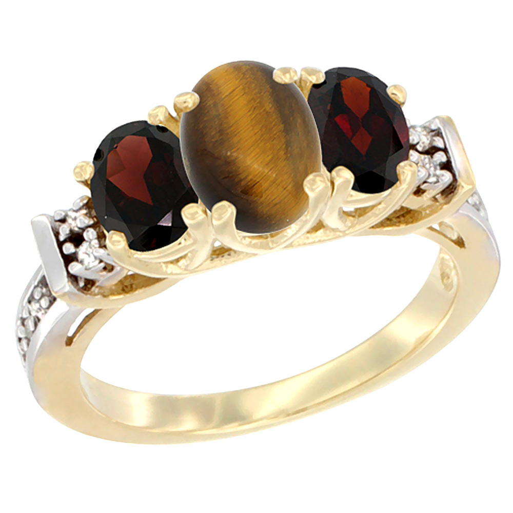 14K Yellow Gold Natural Tiger Eye & Garnet Ring 3-Stone Oval Diamond Accent