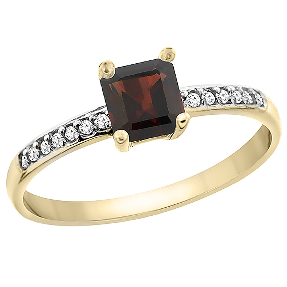 14K Yellow Gold Natural Garnet Ring Octagon 7x5 mm Diamond Accents