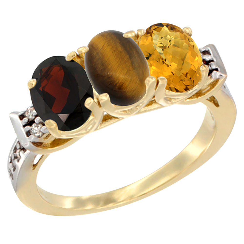 14K Yellow Gold Natural Garnet, Tiger Eye & Whisky Quartz Ring 3-Stone 7x5 mm Oval Diamond Accent, sizes 5 - 10