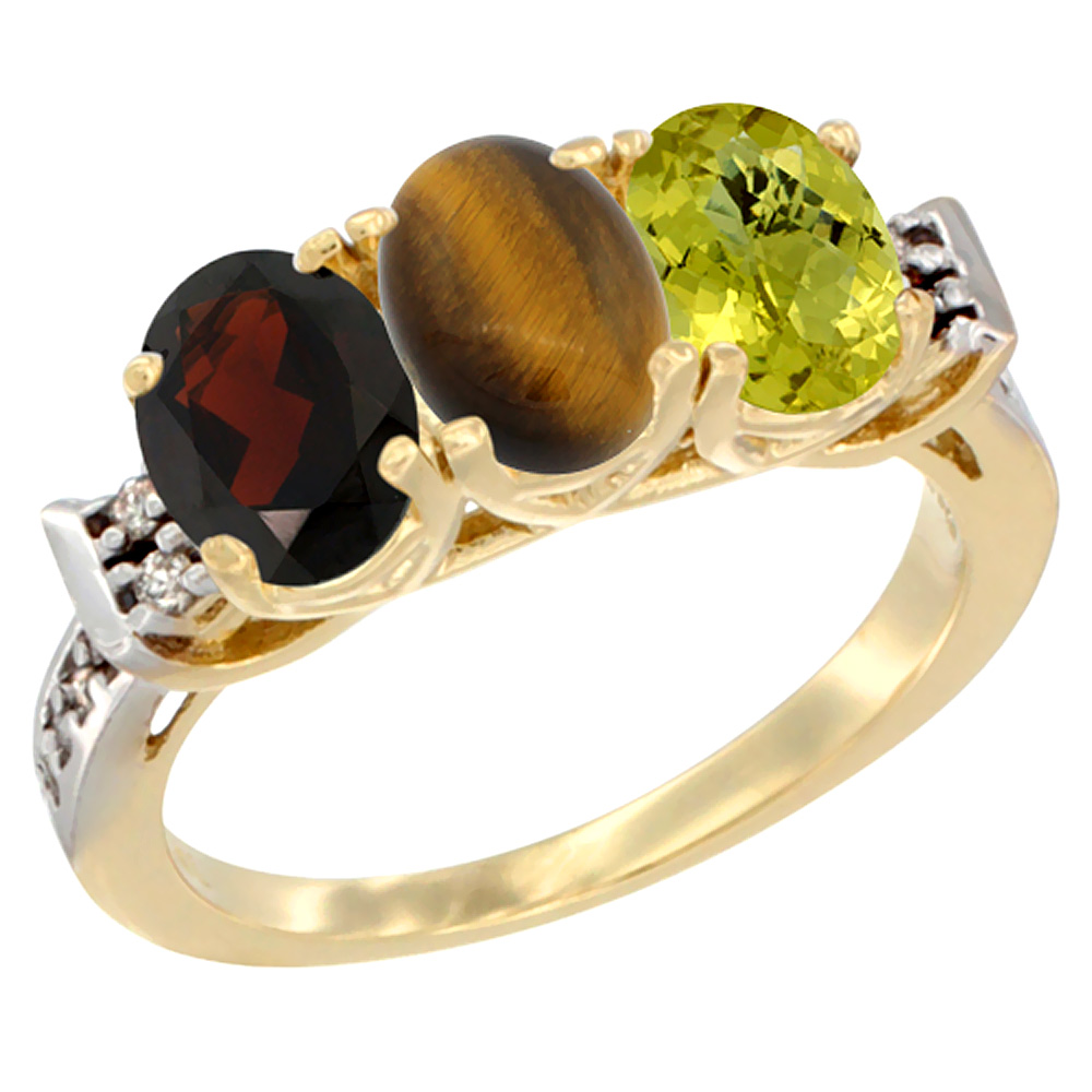 14K Yellow Gold Natural Garnet, Tiger Eye &amp; Lemon Quartz Ring 3-Stone 7x5 mm Oval Diamond Accent, sizes 5 - 10