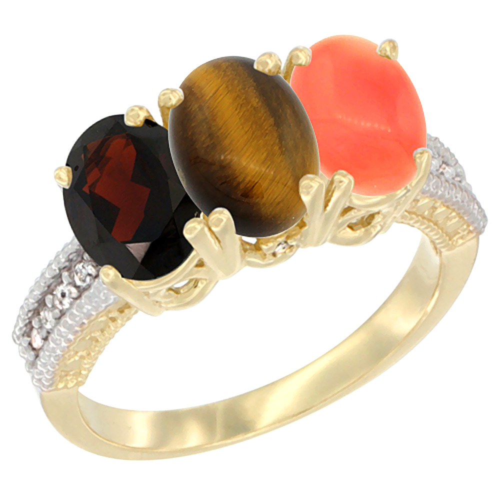 14K Yellow Gold Natural Garnet, Tiger Eye &amp; Coral Ring 3-Stone 7x5 mm Oval Diamond Accent, sizes 5 - 10