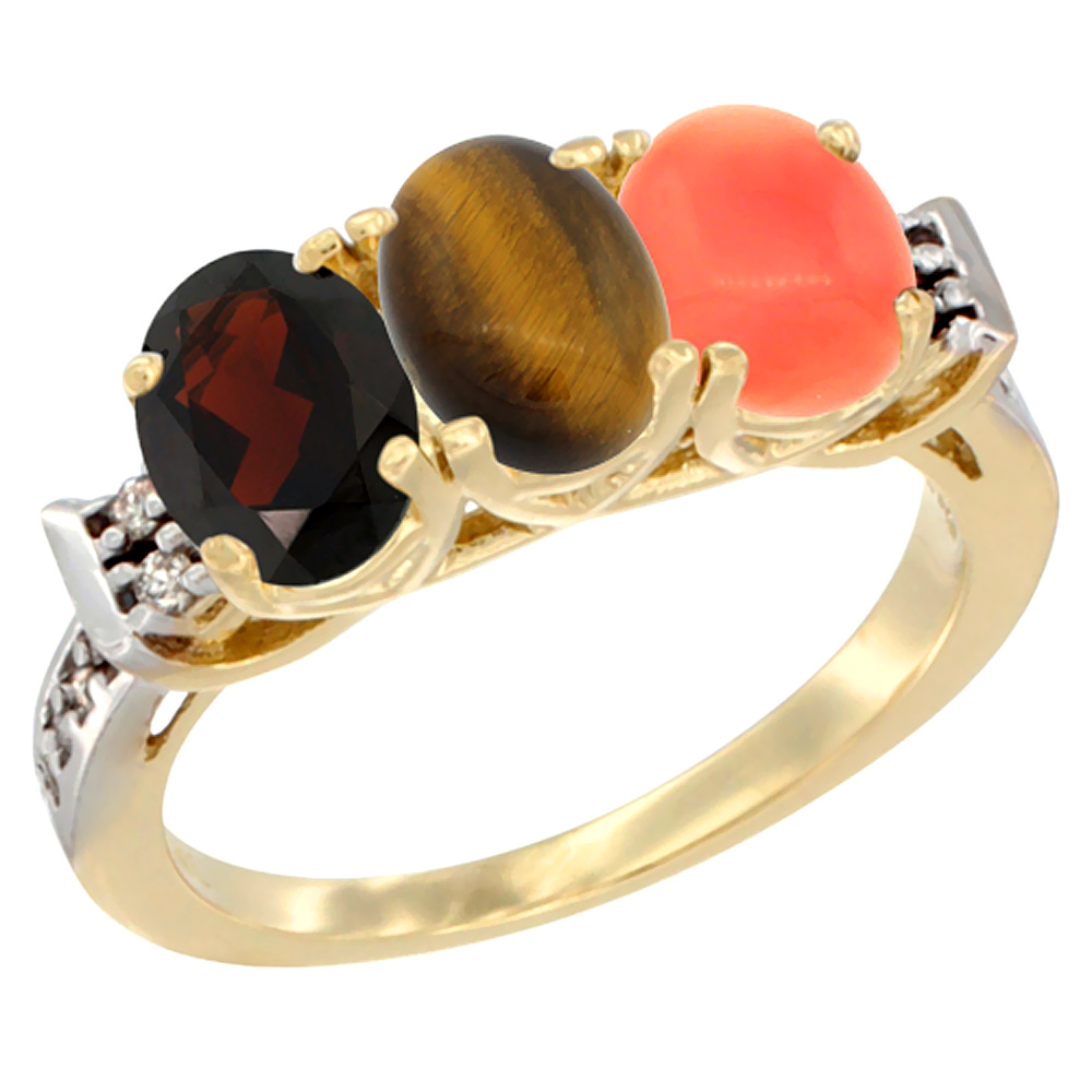14K Yellow Gold Natural Garnet, Tiger Eye &amp; Coral Ring 3-Stone 7x5 mm Oval Diamond Accent, sizes 5 - 10