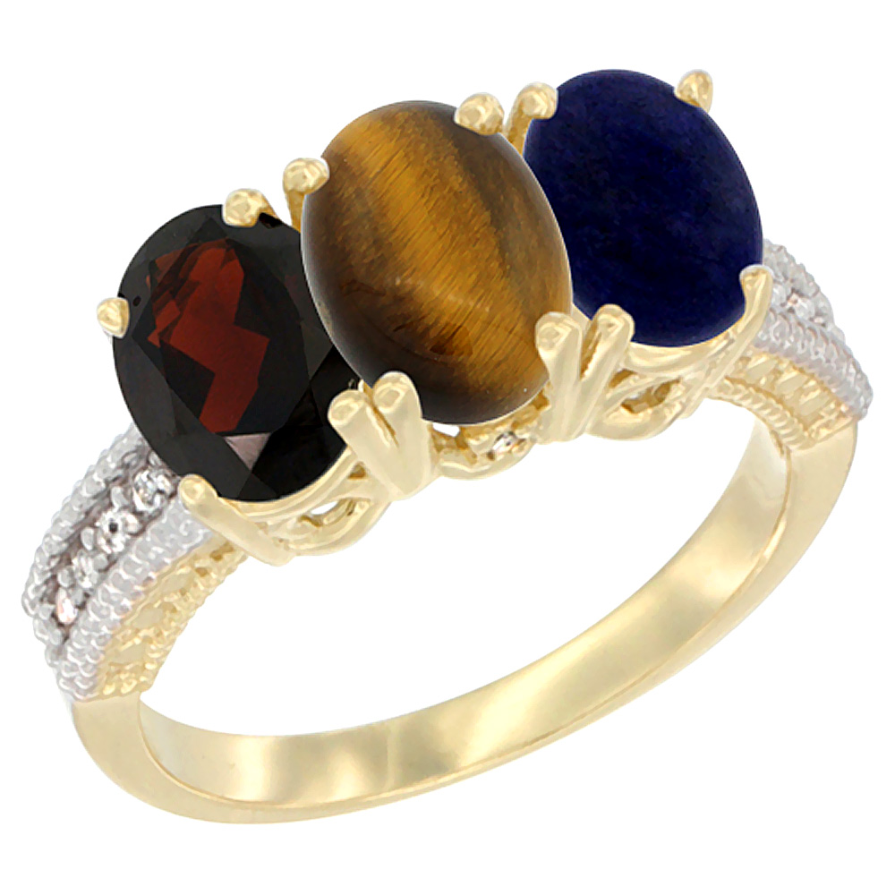 10K Yellow Gold Diamond Natural Garnet, Tiger Eye & Lapis Ring 3-Stone 7x5 mm Oval, sizes 5 - 10