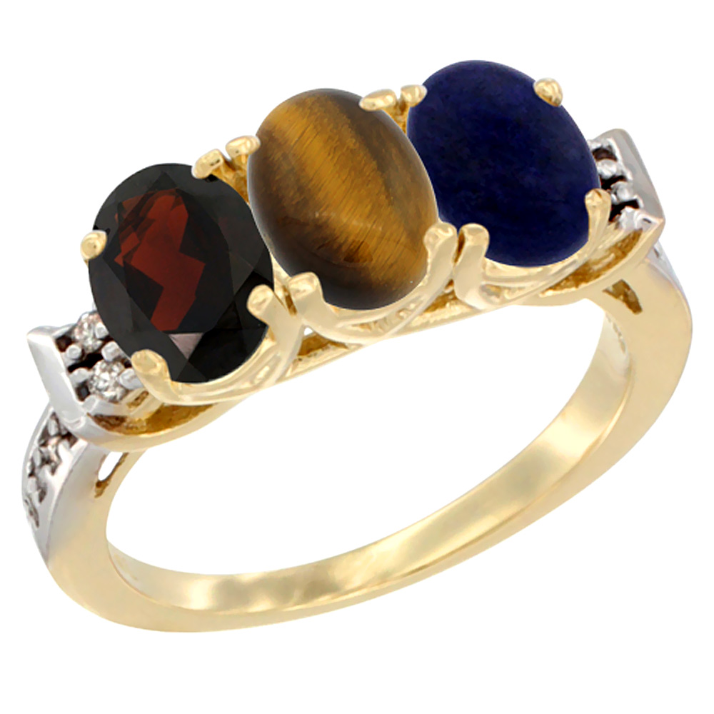 14K Yellow Gold Natural Garnet, Tiger Eye &amp; Lapis Ring 3-Stone 7x5 mm Oval Diamond Accent, sizes 5 - 10