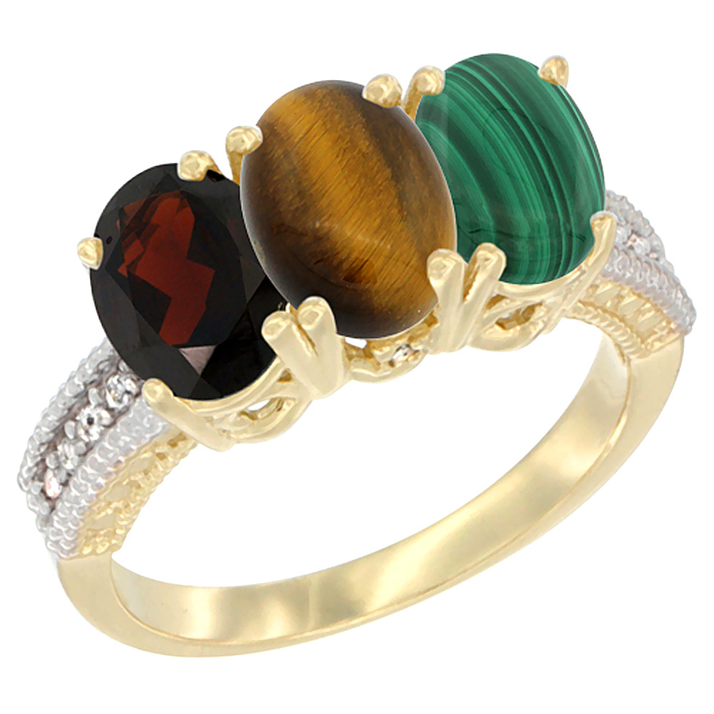 14K Yellow Gold Natural Garnet, Tiger Eye & Malachite Ring 3-Stone 7x5 mm Oval Diamond Accent, sizes 5 - 10