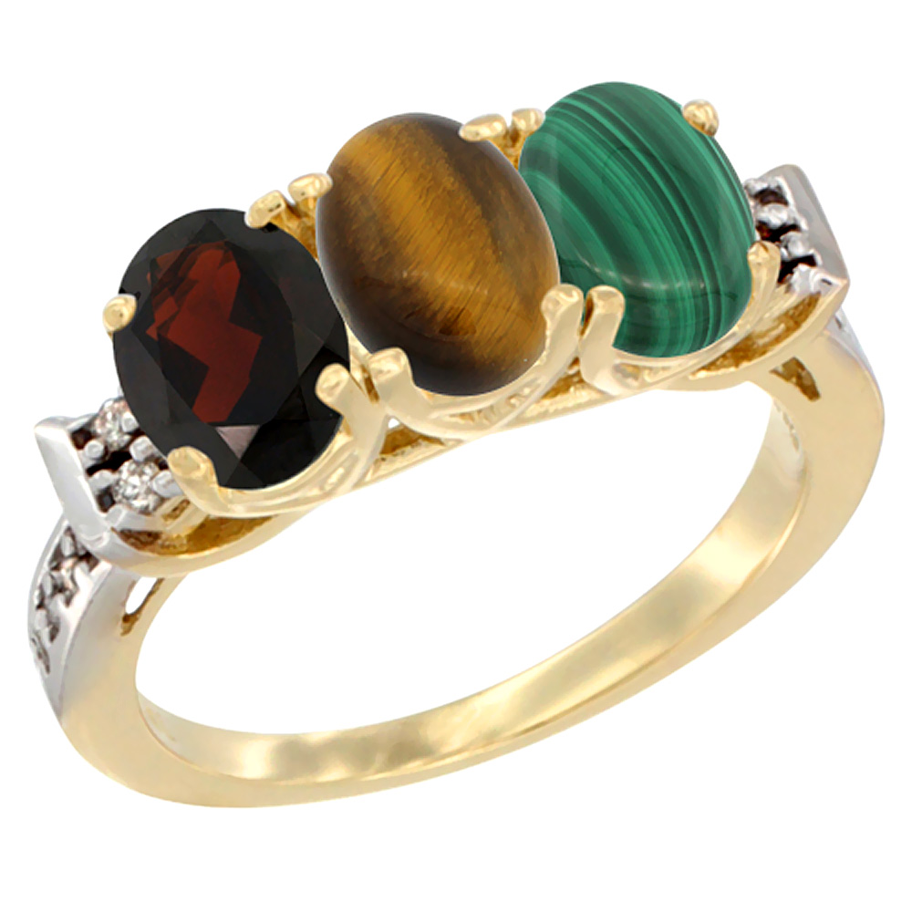 14K Yellow Gold Natural Garnet, Tiger Eye & Malachite Ring 3-Stone 7x5 mm Oval Diamond Accent, sizes 5 - 10