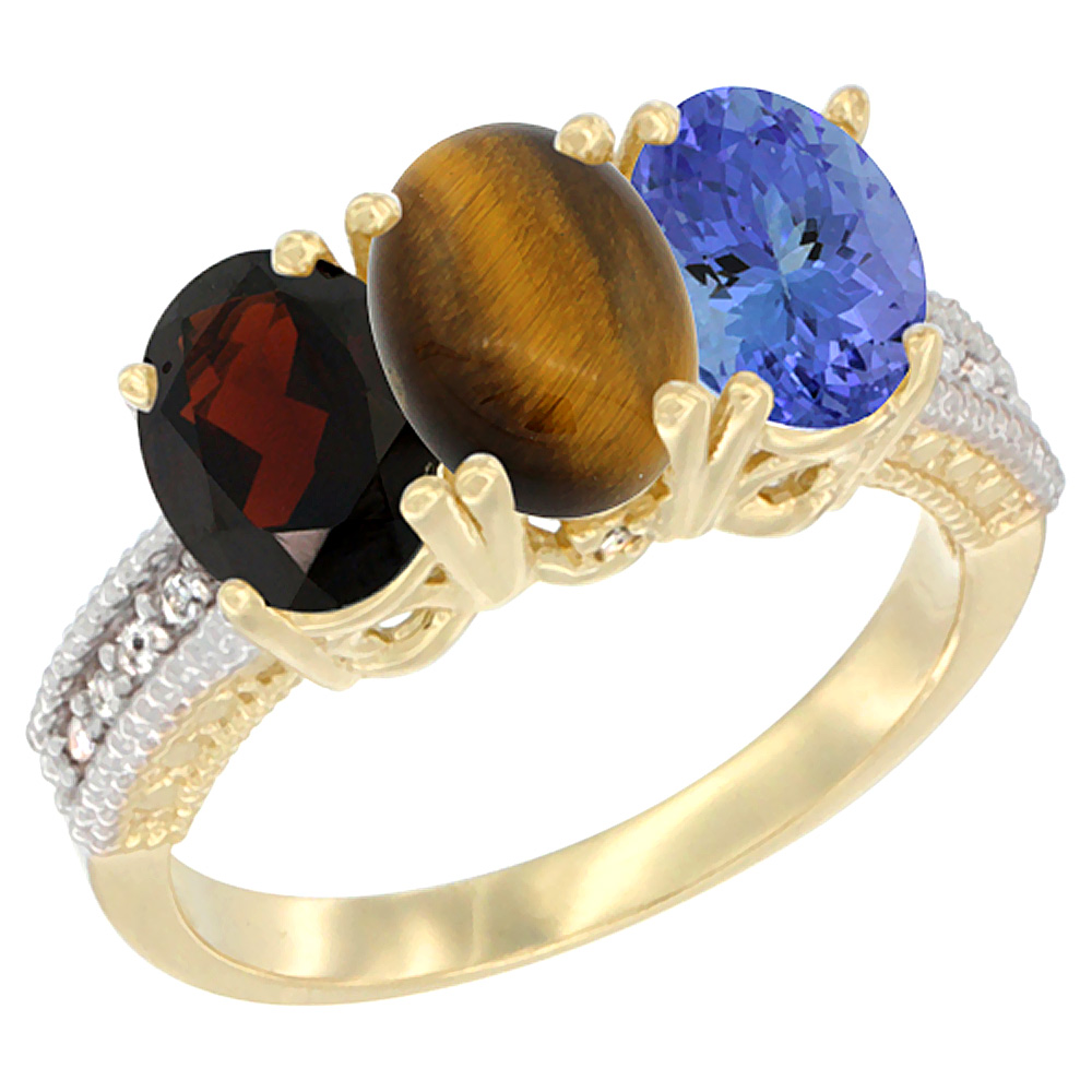 14K Yellow Gold Natural Garnet, Tiger Eye &amp; Tanzanite Ring 3-Stone 7x5 mm Oval Diamond Accent, sizes 5 - 10