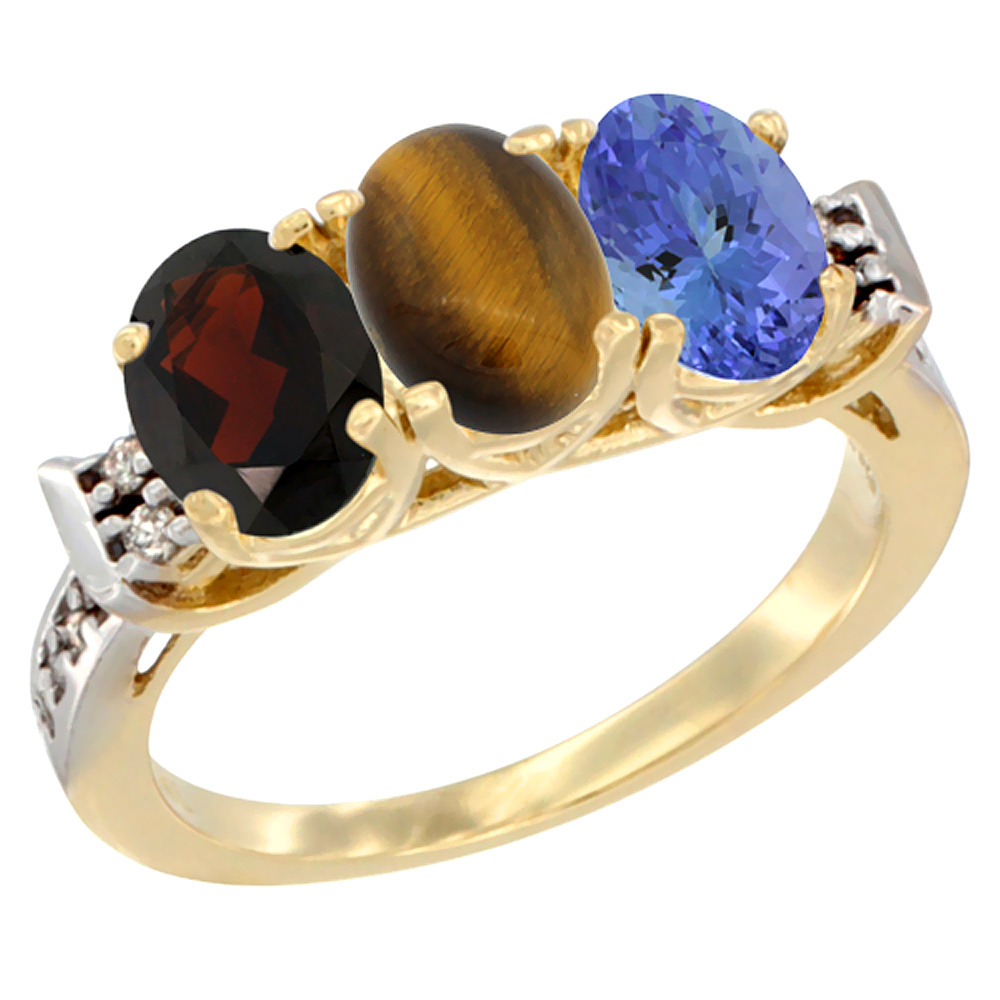 14K Yellow Gold Natural Garnet, Tiger Eye &amp; Tanzanite Ring 3-Stone 7x5 mm Oval Diamond Accent, sizes 5 - 10