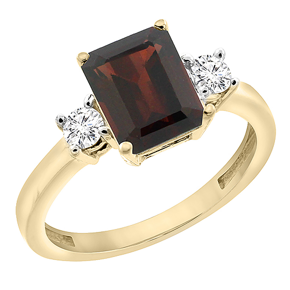 14K Yellow Gold Natural Garnet Ring Octagon 8x6 mm with Diamond Accents, sizes 5 - 10