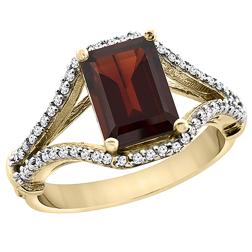 10K Yellow Gold Enhanced Ruby Ring Octagon 8x6 mm with Diamond Accents, sizes 5 - 10