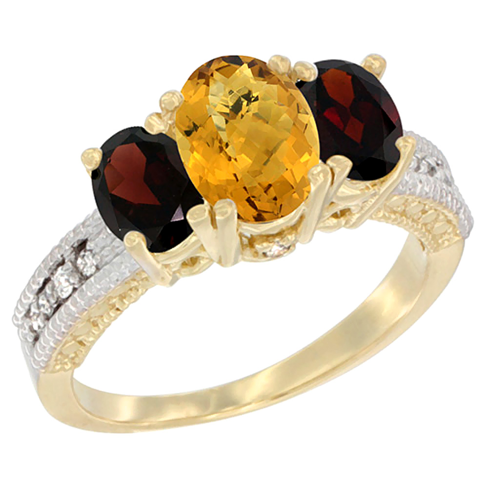 10K Yellow Gold Diamond Natural Whisky Quartz Ring Oval 3-stone with Garnet, sizes 5 - 10