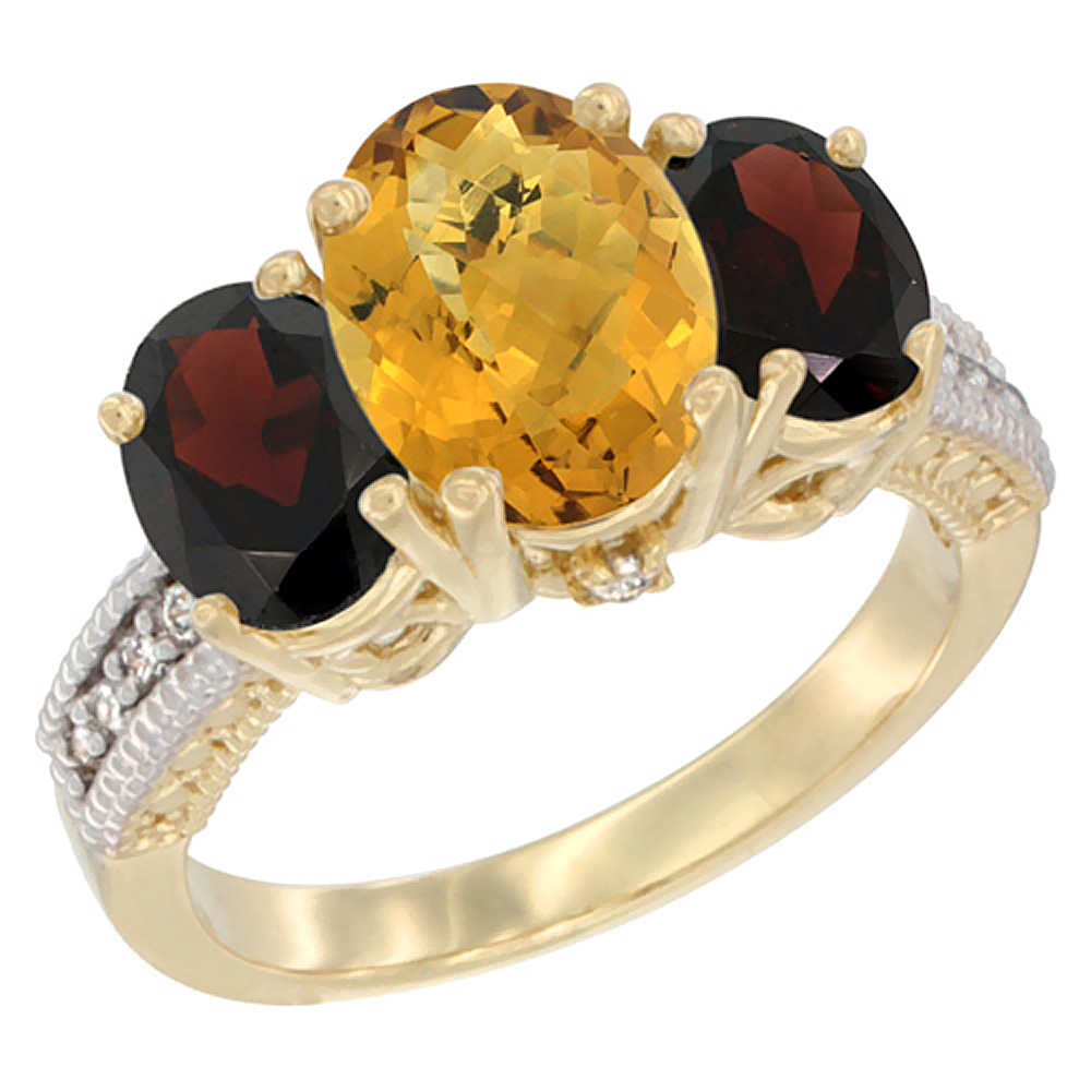 10K Yellow Gold Diamond Natural Whisky Quartz Ring 3-Stone Oval 8x6mm with Garnet, sizes5-10