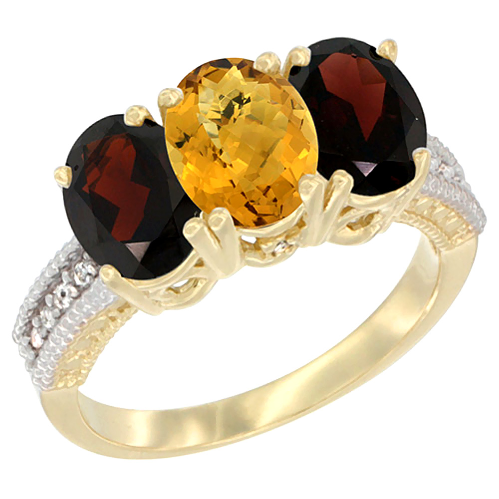 14K Yellow Gold Natural Whisky Quartz &amp; Garnet Sides Ring 3-Stone 7x5 mm Oval Diamond Accent, sizes 5 - 10