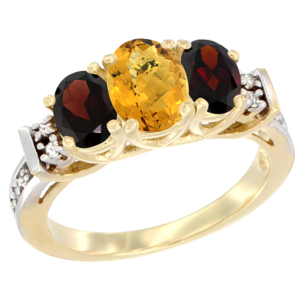 14K Yellow Gold Natural Whisky Quartz & Garnet Ring 3-Stone Oval Diamond Accent