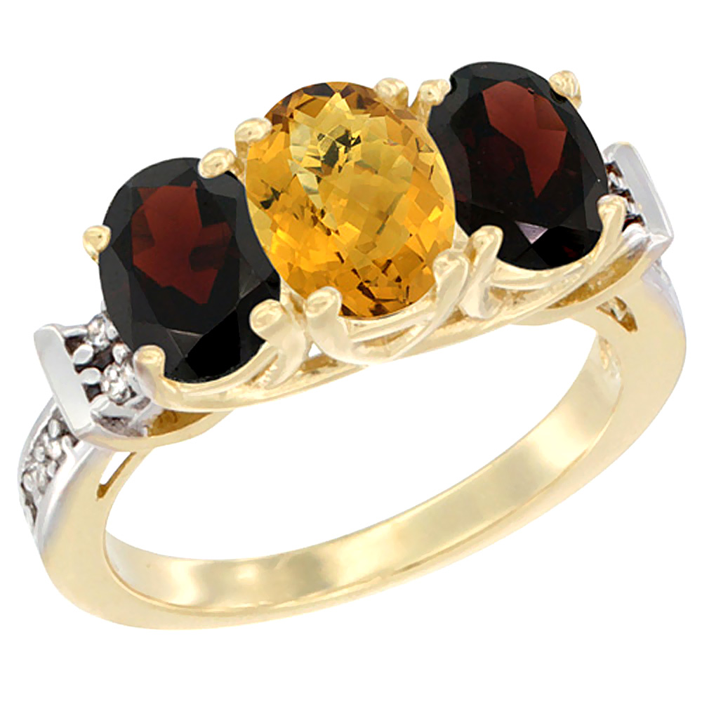 10K Yellow Gold Natural Whisky Quartz & Garnet Sides Ring 3-Stone Oval Diamond Accent, sizes 5 - 10