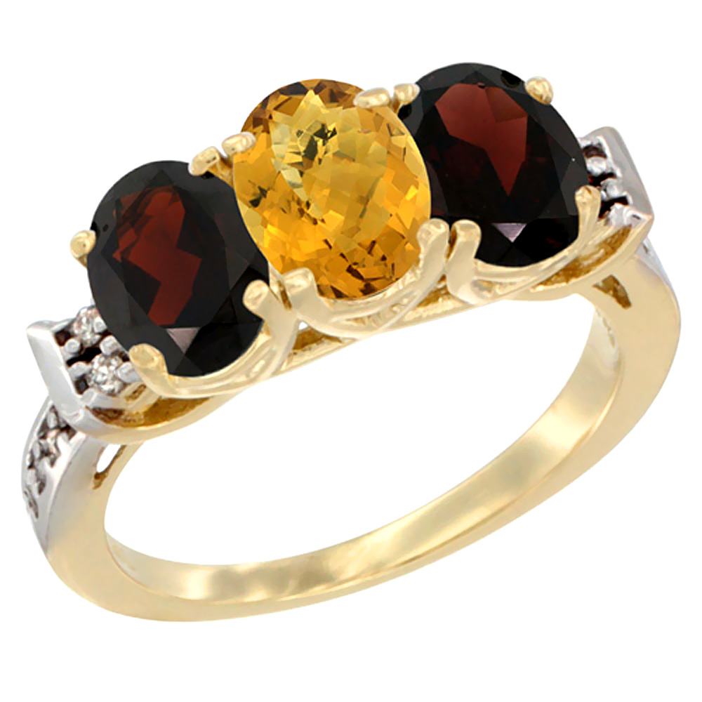 14K Yellow Gold Natural Whisky Quartz & Garnet Sides Ring 3-Stone 7x5 mm Oval Diamond Accent, sizes 5 - 10