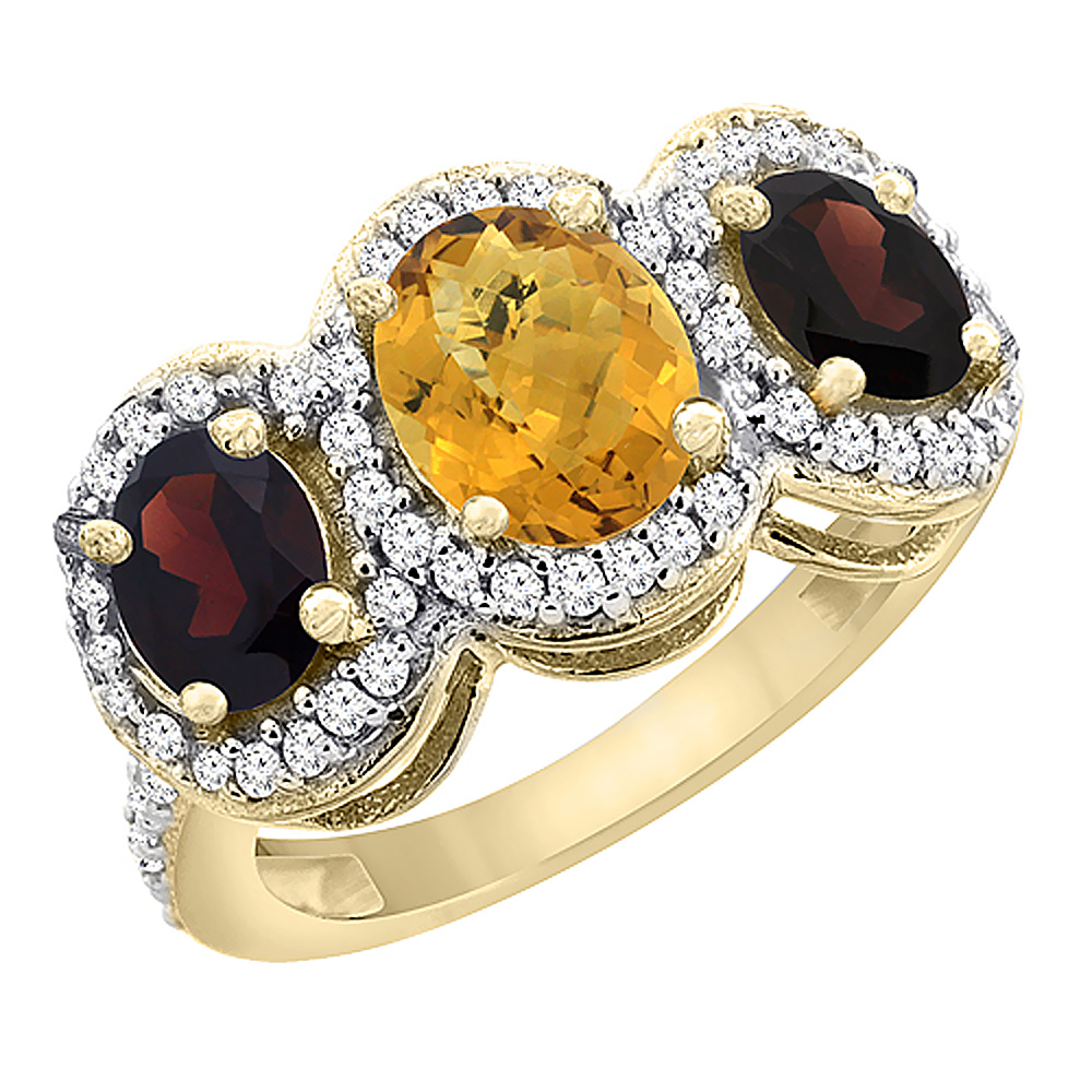 14K Yellow Gold Natural Whisky Quartz & Garnet 3-Stone Ring Oval Diamond Accent, sizes 5 - 10