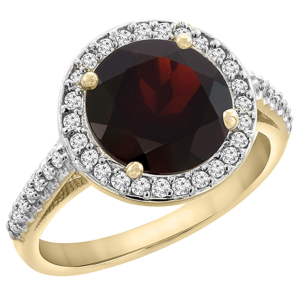 14K Yellow Gold Natural Garnet Ring Round 8mm Diamond Halo, sizes 5 to 10