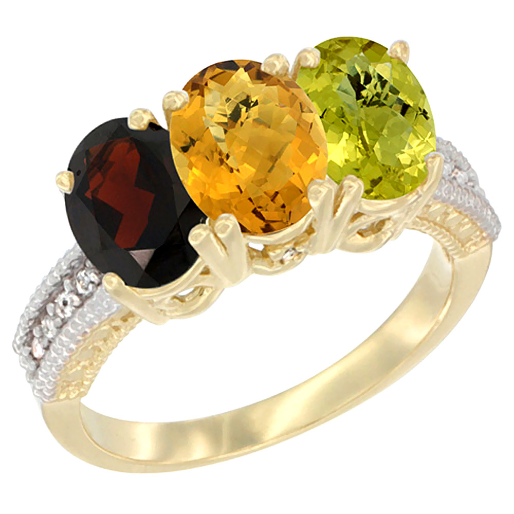 10K Yellow Gold Diamond Natural Garnet, Whisky Quartz & Lemon Quartz Ring 3-Stone 7x5 mm Oval, sizes 5 - 10