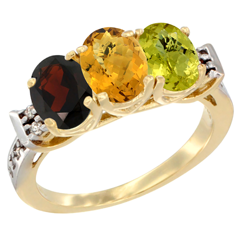 14K Yellow Gold Natural Garnet, Whisky Quartz & Lemon Quartz Ring 3-Stone 7x5 mm Oval Diamond Accent, sizes 5 - 10