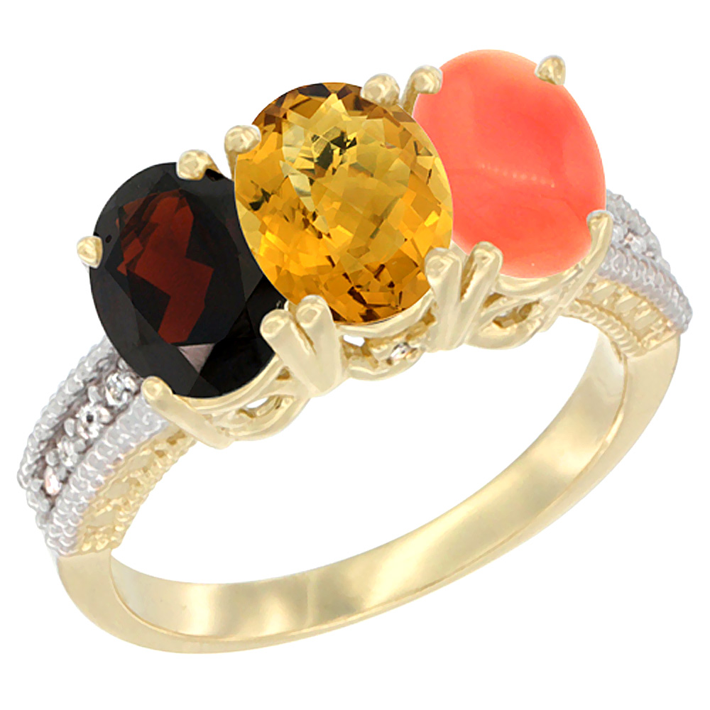 14K Yellow Gold Natural Garnet, Whisky Quartz & Coral Ring 3-Stone 7x5 mm Oval Diamond Accent, sizes 5 - 10