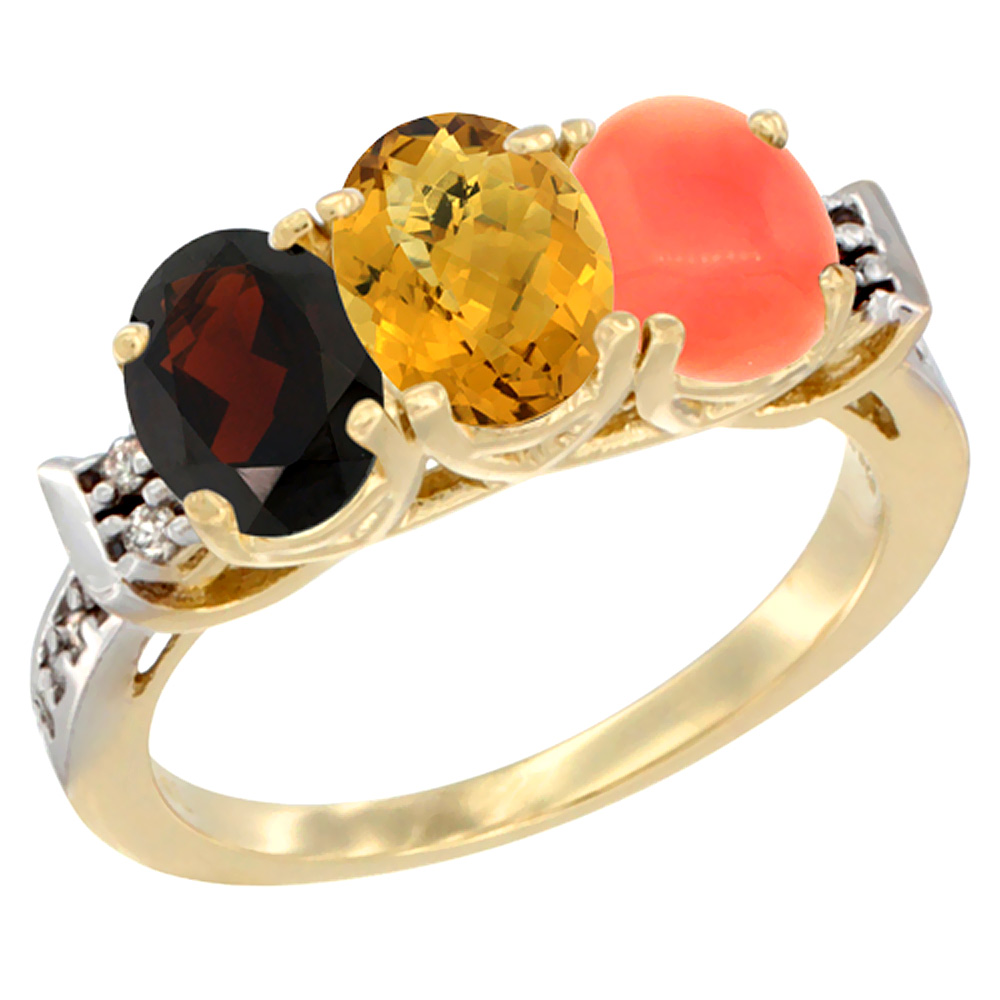 10K Yellow Gold Natural Garnet, Whisky Quartz &amp; Coral Ring 3-Stone Oval 7x5 mm Diamond Accent, sizes 5 - 10
