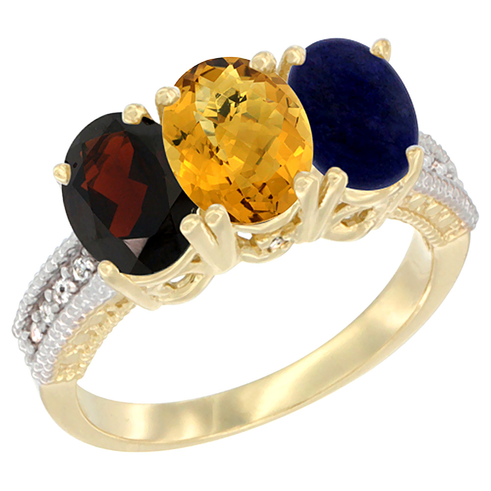 10K Yellow Gold Diamond Natural Garnet, Whisky Quartz & Lapis Ring 3-Stone 7x5 mm Oval, sizes 5 - 10