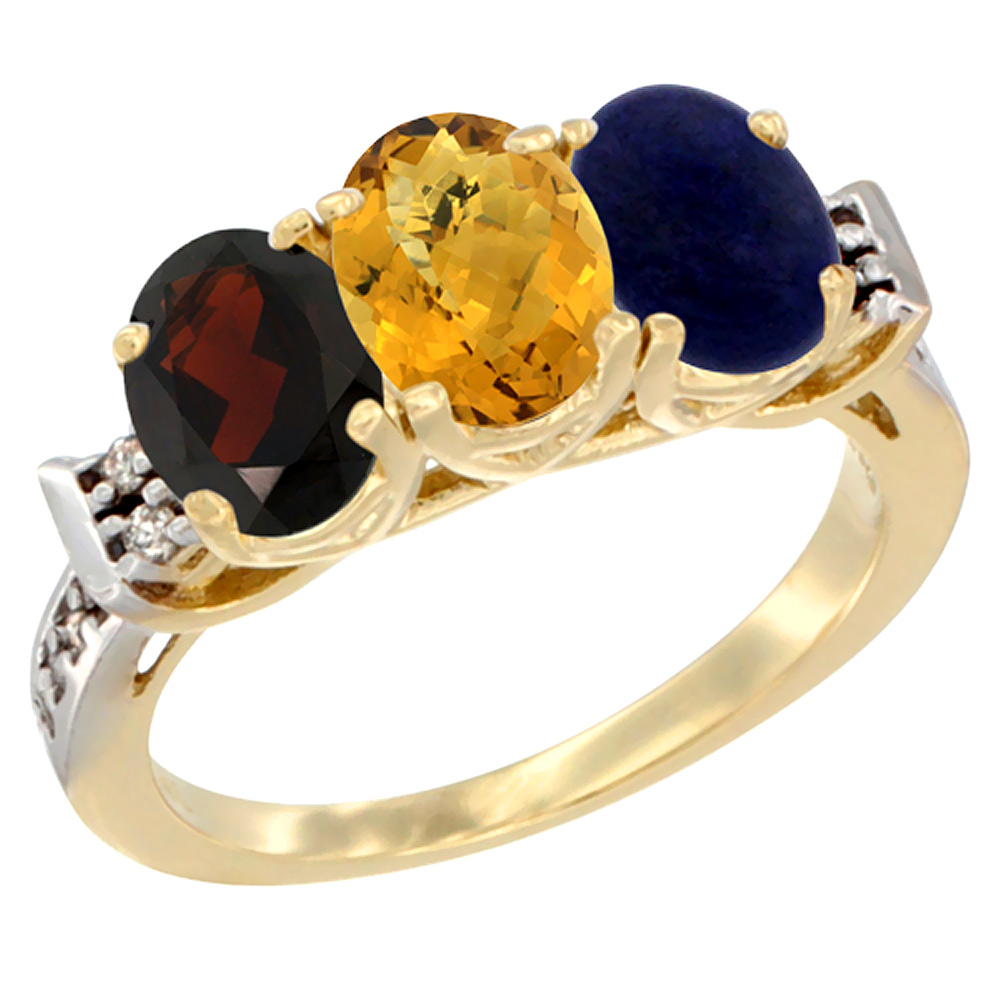 14K Yellow Gold Natural Garnet, Whisky Quartz & Lapis Ring 3-Stone 7x5 mm Oval Diamond Accent, sizes 5 - 10