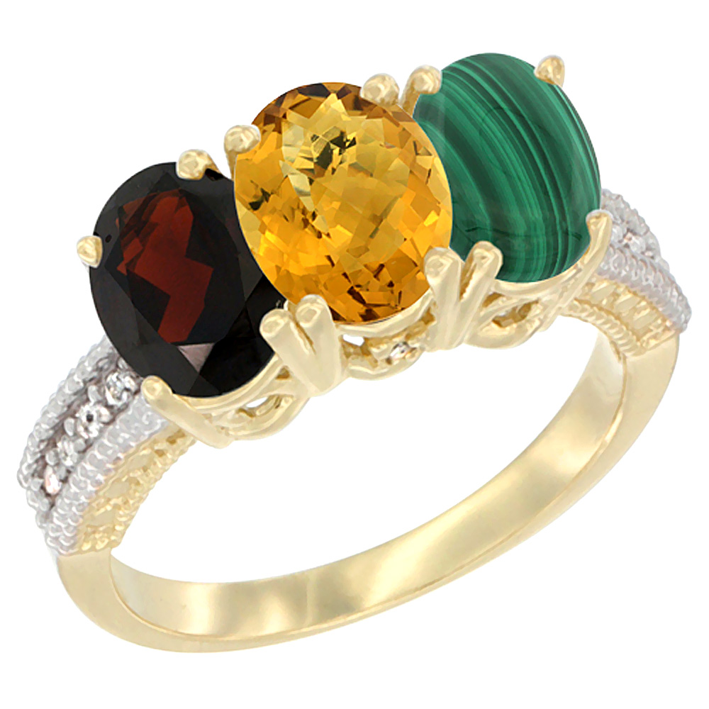 14K Yellow Gold Natural Garnet, Whisky Quartz & Malachite Ring 3-Stone 7x5 mm Oval Diamond Accent, sizes 5 - 10