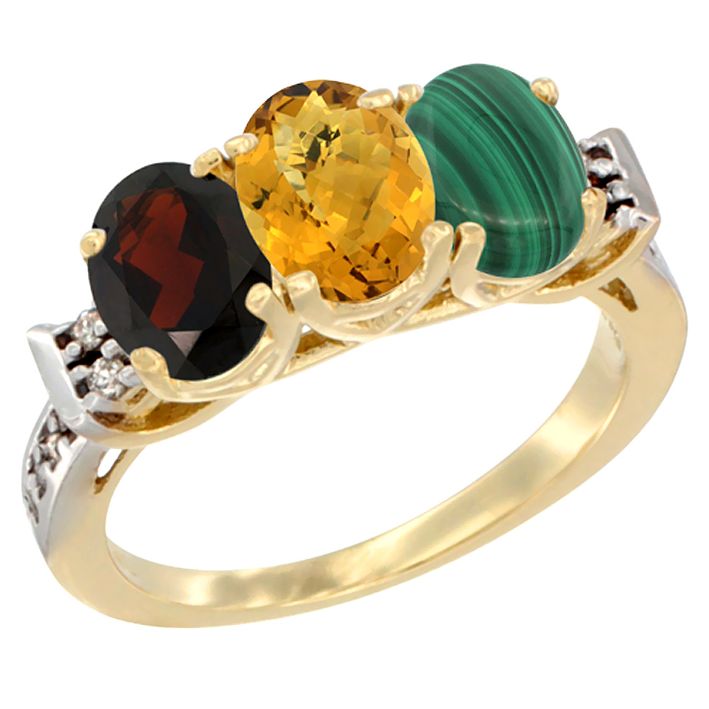 14K Yellow Gold Natural Garnet, Whisky Quartz & Malachite Ring 3-Stone 7x5 mm Oval Diamond Accent, sizes 5 - 10