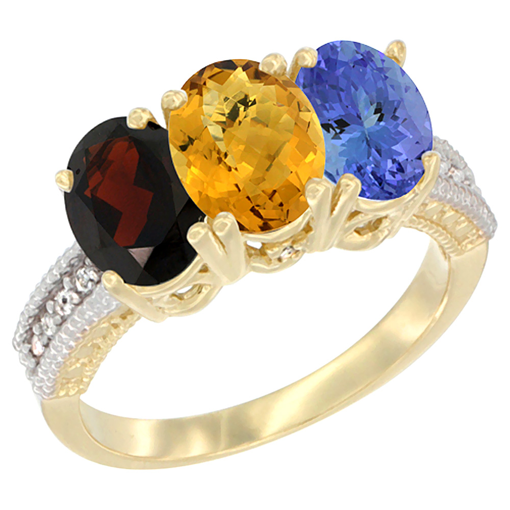 10K Yellow Gold Diamond Natural Garnet, Whisky Quartz & Tanzanite Ring 3-Stone 7x5 mm Oval, sizes 5 - 10